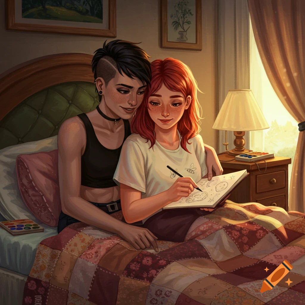 A dark-haired woman embraces a red-haired woman sitting on a bed, who is drawing in a sketchbook with a bee illustration on her shirt.