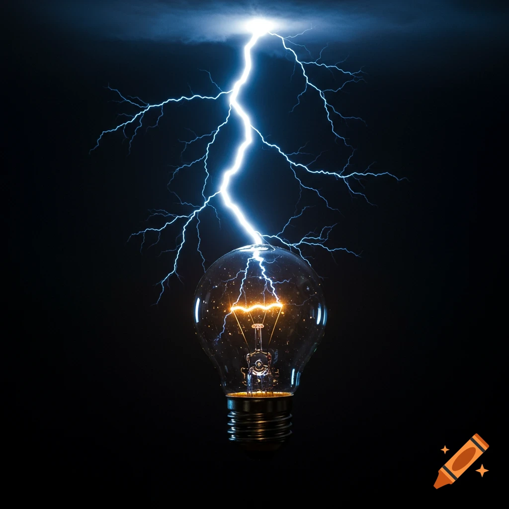 A light bulb is struck by a bright blue lightning bolt, illuminating it against a dark background.