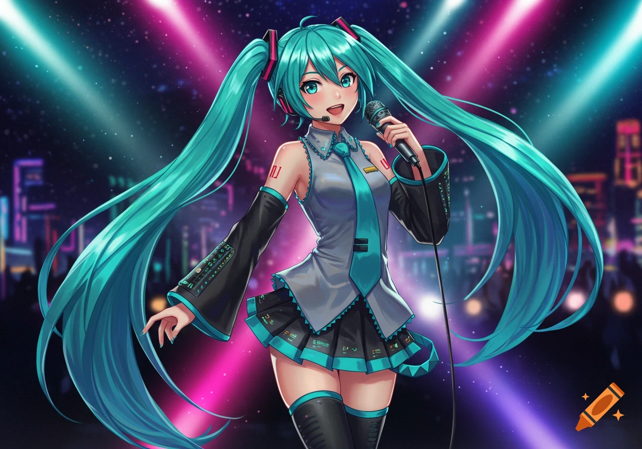 An anime girl with long turquoise pigtails, wearing a gray and teal outfit, holds a microphone on a dark stage.