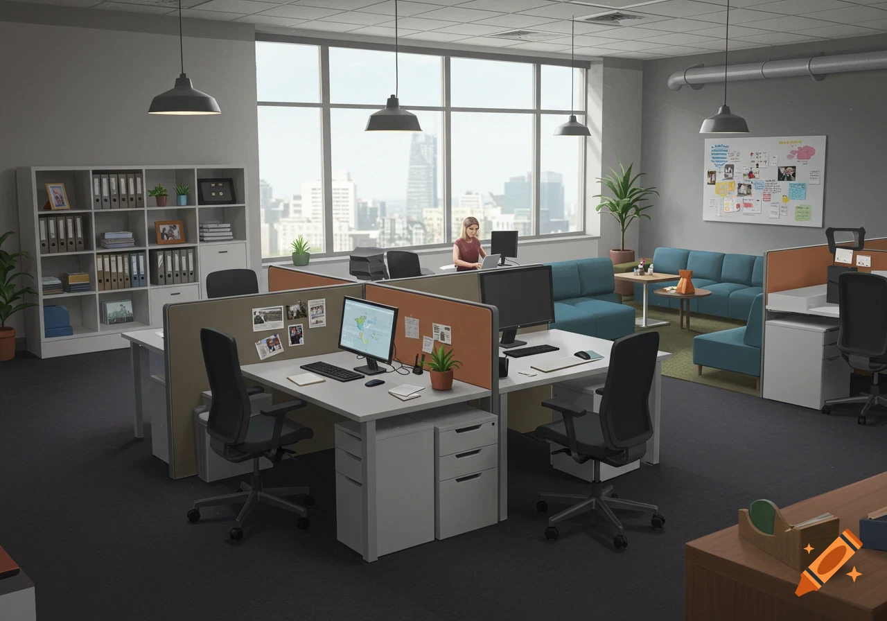Photorealistic image of a modern office space with cubicles, shared lounge areas, and a city view through large windows.