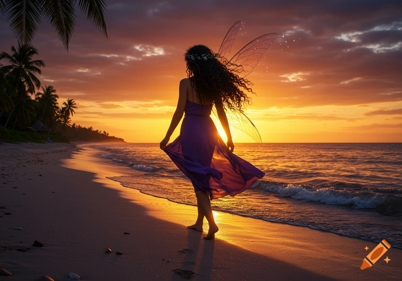 A photorealistic image of a fairy with long curly black hair and a purple dress walking on a beach at sunset.