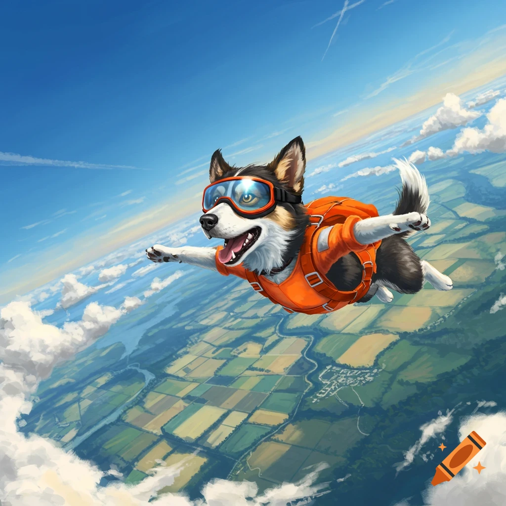 A happy tri-color dog wearing goggles and an orange harness skydives above a patchwork of green fields and a river under a clear blue sky.