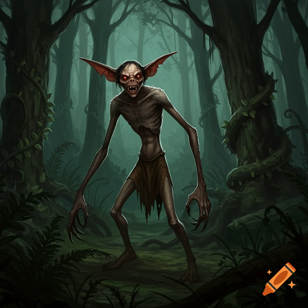 A creepy gremlin-like creature with long limbs, sharp claws, fangs, and glowing red eyes stands in a dark, misty forest.