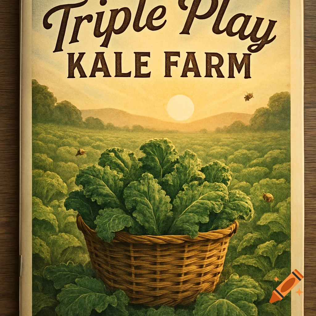 Vintage-style magazine ad for Triple Play Kale Farm, featuring a basket of kale in a field at sunset.