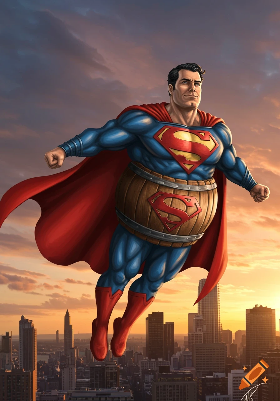 Superman flying above a city at sunset, wearing his iconic suit but with a wooden barrel for a torso, in a comic book art style.