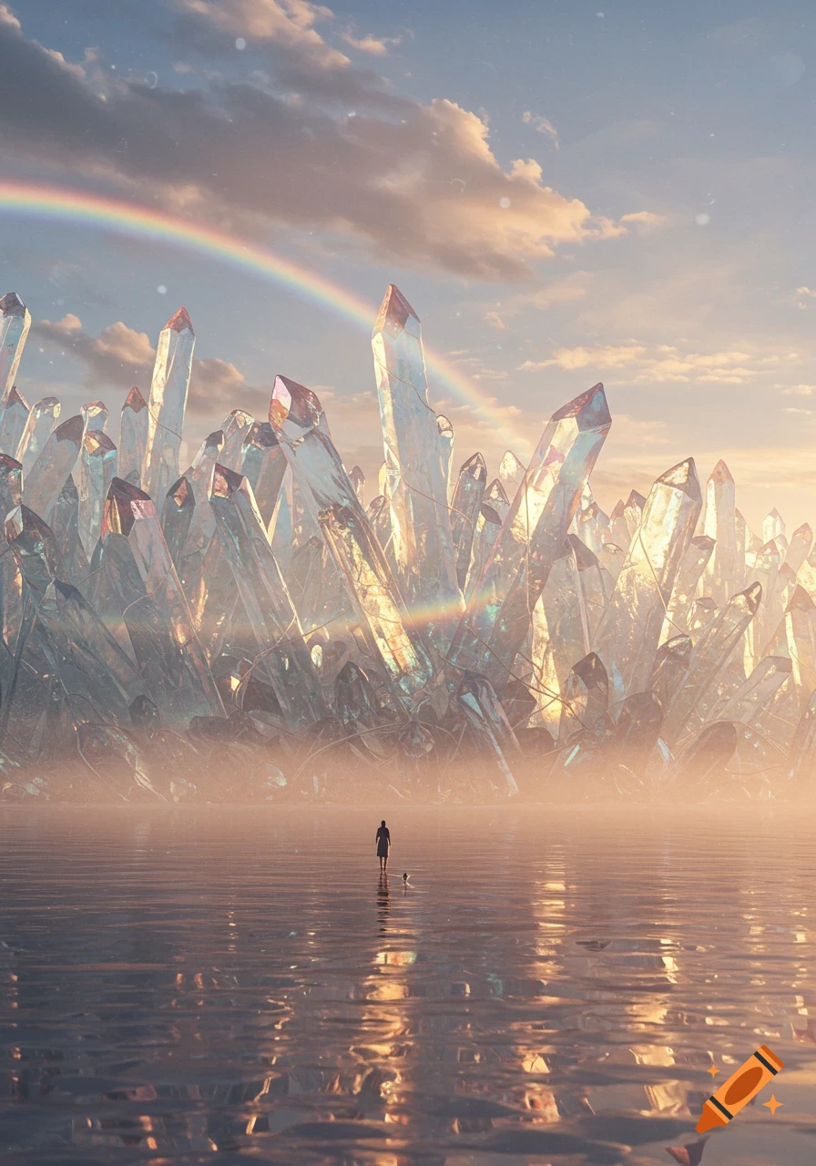 A person stands in calm water before a vast field of glowing, translucent crystals under a sky with a rainbow.