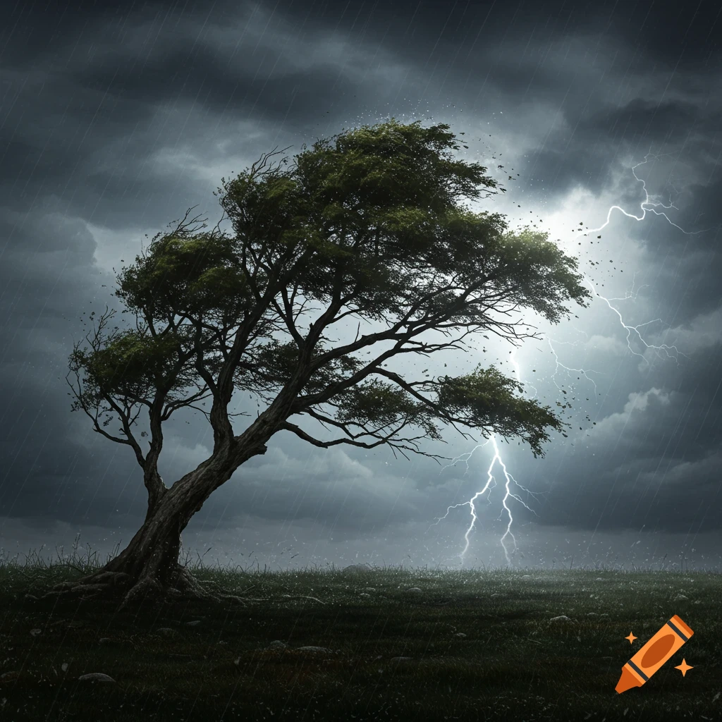 A tree bent by heavy wind and rain under a dark, stormy sky with lightning.