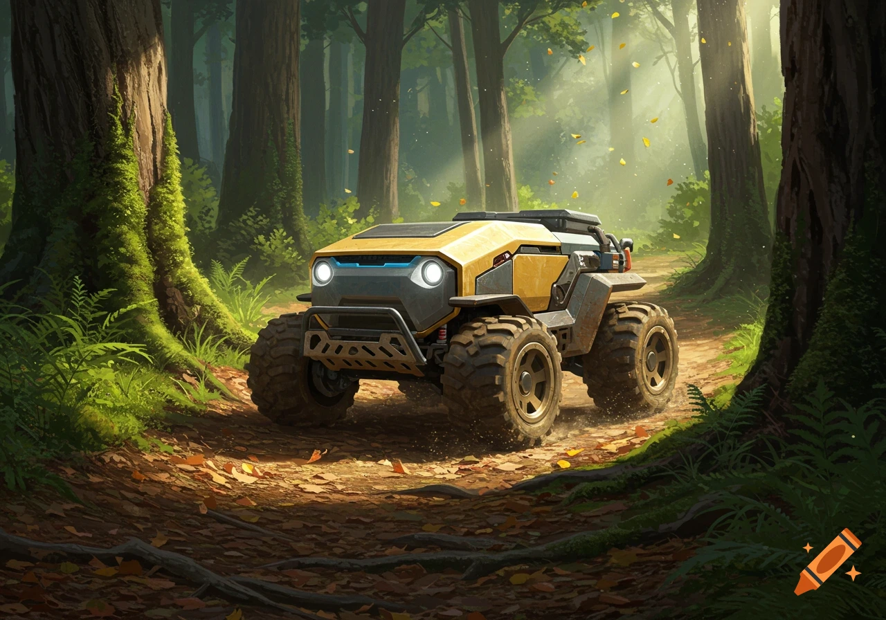 A yellow and grey futuristic off-road robot vehicle drives on a leaf-covered path through a sunlit forest.