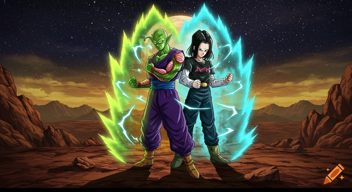 Piccolo and Android 17 from Dragon Ball stand back to back in a rocky desert under a full moon, emanating green and blue auras.