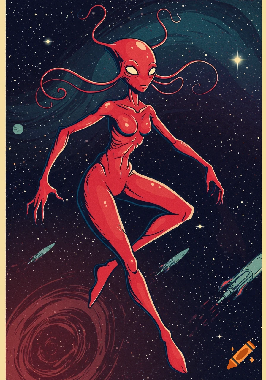 A red alien creature with tentacles on its head floats in space among stars and rockets, in a retro 50s comic style.