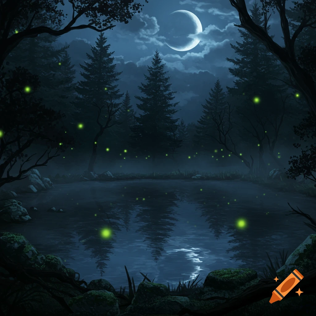 A dark, eerie forest at night with a crescent moon, fireflies, and a still pool reflecting the sky. Digital painting.