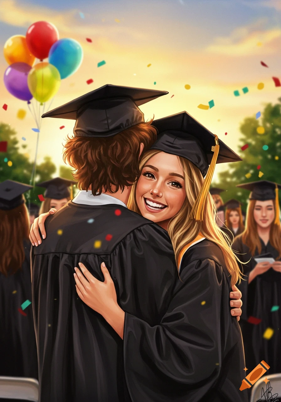 An illustration of two graduating students in caps and gowns hugging happily amidst falling confetti and colorful balloons.