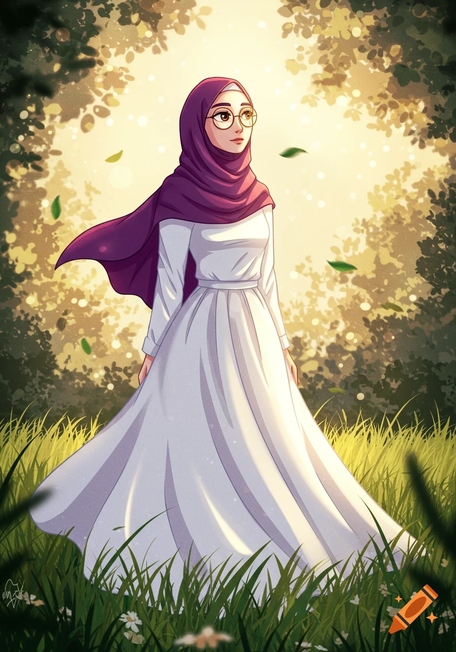 An animated-style illustration of a woman with a purple hijab and white dress standing in a sunlit forest.
