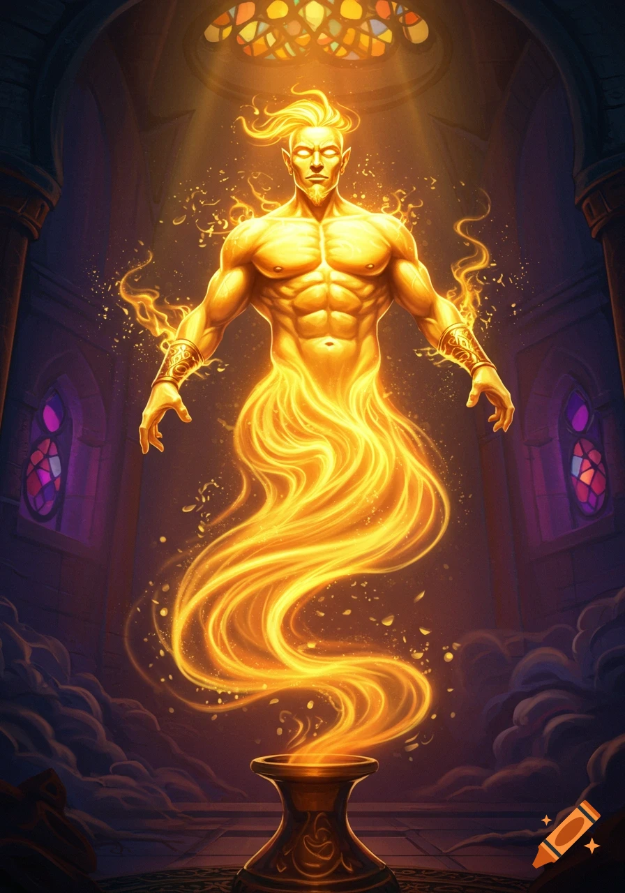 A golden male genie with a fiery lower body emerges from a vase in an ancient building with stained glass windows.