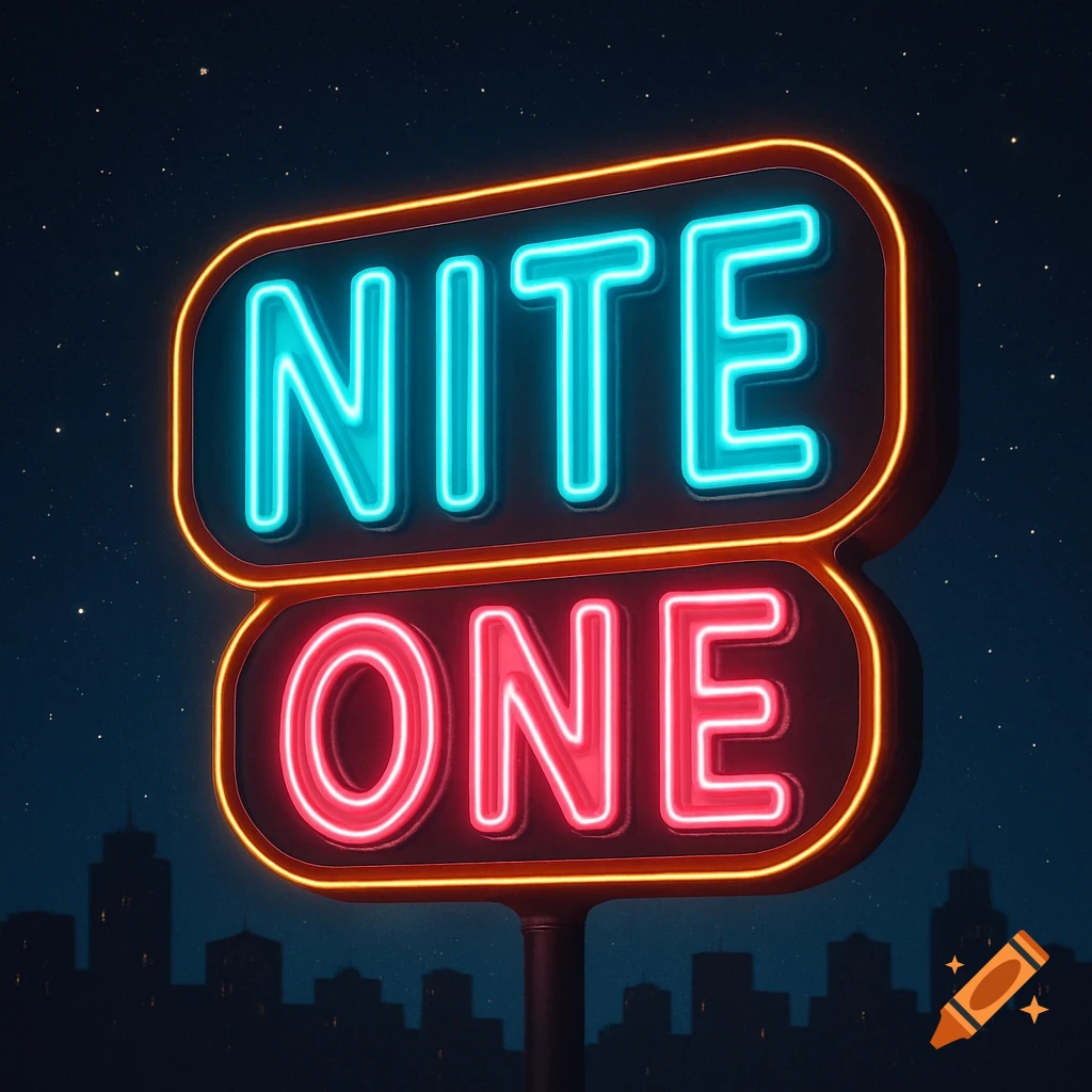 A retro neon sign displaying 'NITE ONE' against a starry night sky with a city skyline silhouette.