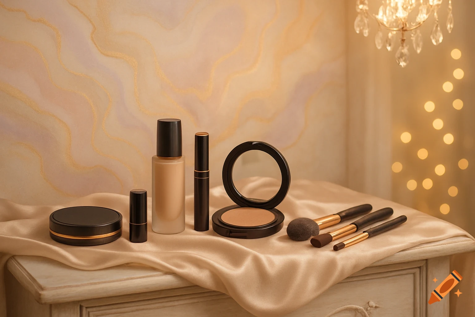 Makeup products including foundation, lipstick, compact, and brushes on a satin cloth, with an elegant background and bokeh lights.
