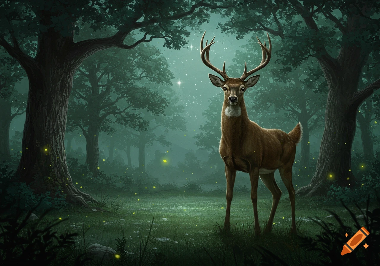 A deer stands in a dark, mystical forest with glowing fireflies and stars, in an illustrative style.