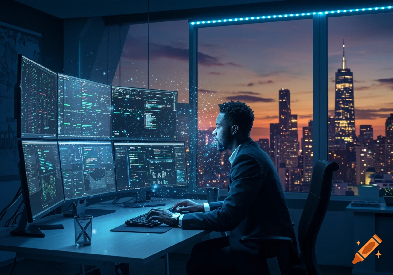A Black man works on multiple computer monitors displaying code in a high-rise office at night, with a city skyline view.