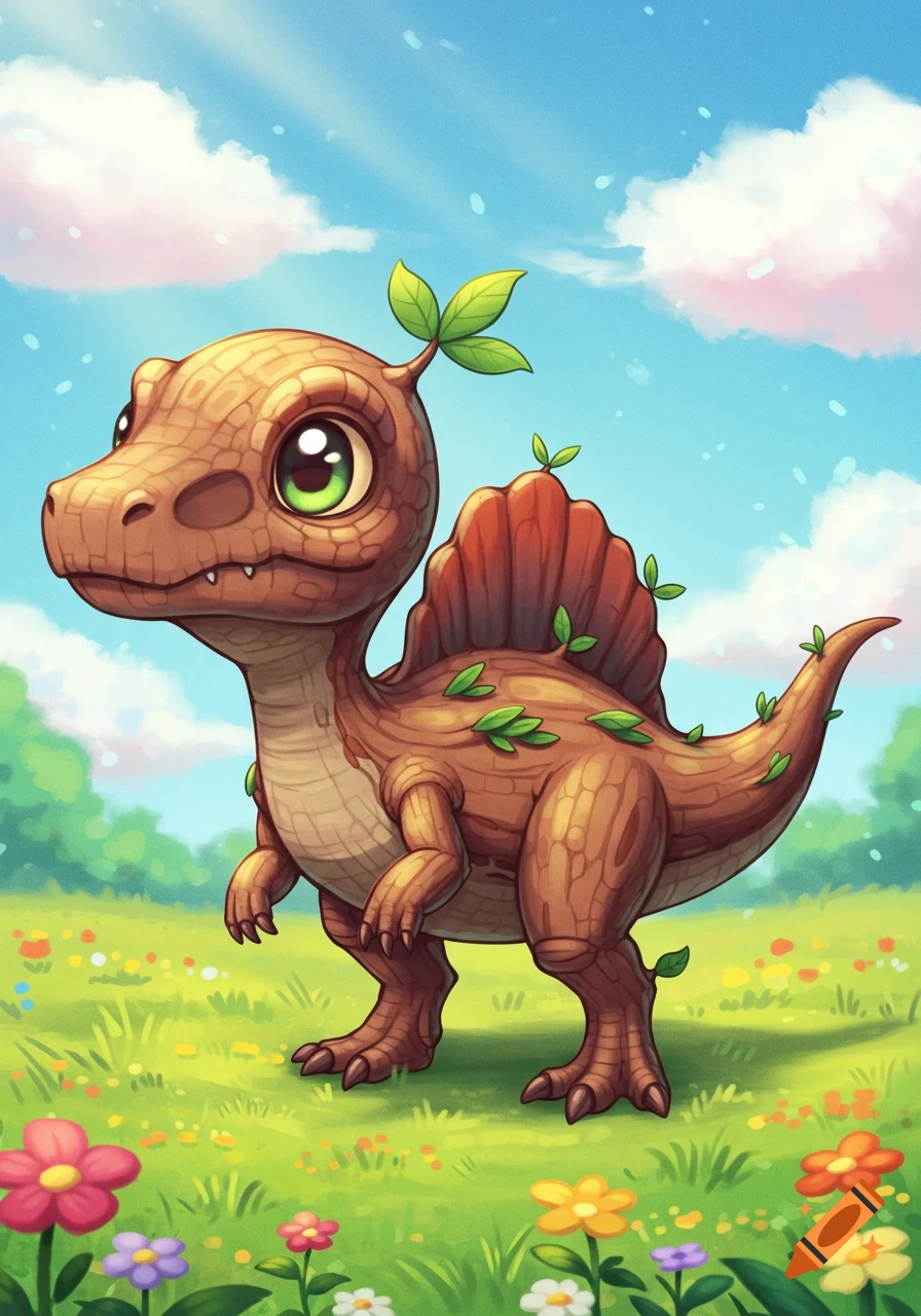 A cute chibi cartoon spinosaurus with wood-like skin and leaves, standing in a field of colorful flowers under a blue sky.