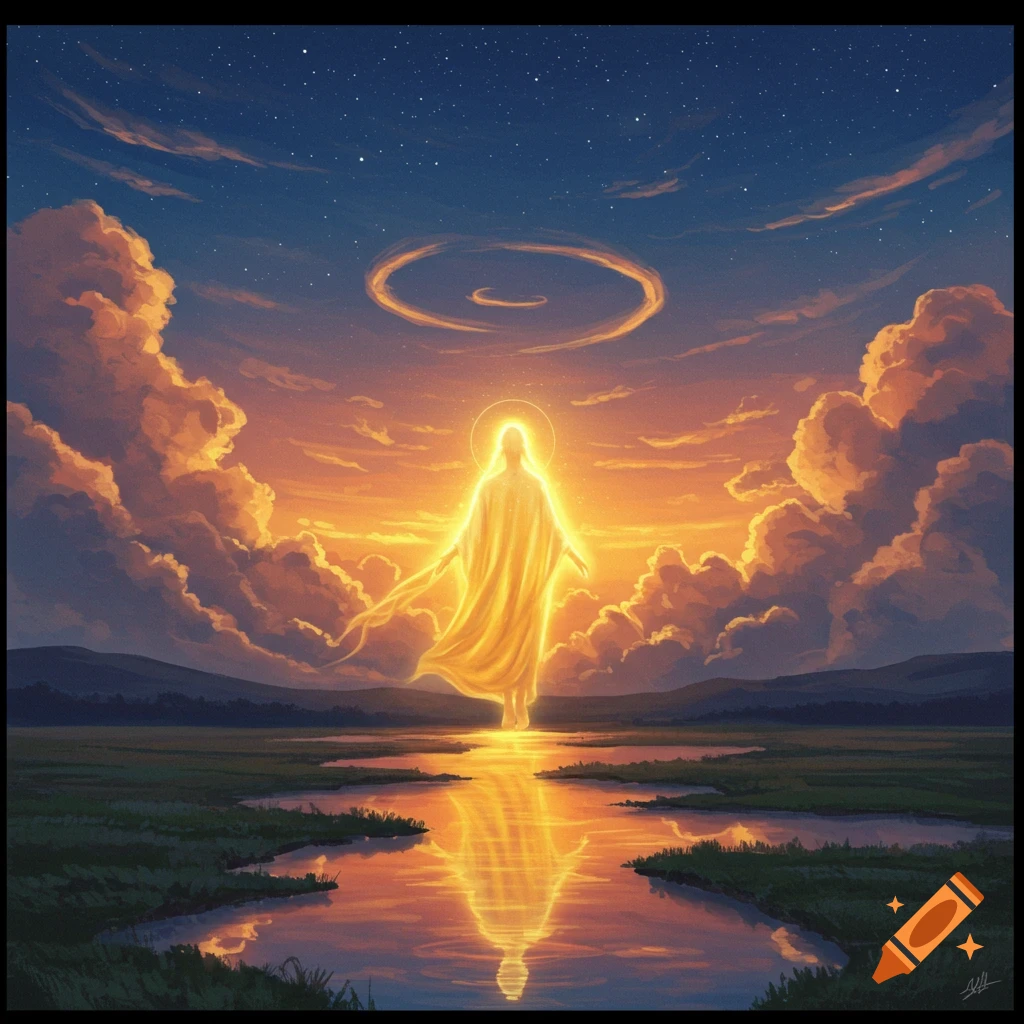 A glowing, robed figure stands on water, reflected in the calm surface, beneath a dramatic sunset sky with stars and golden clouds.
