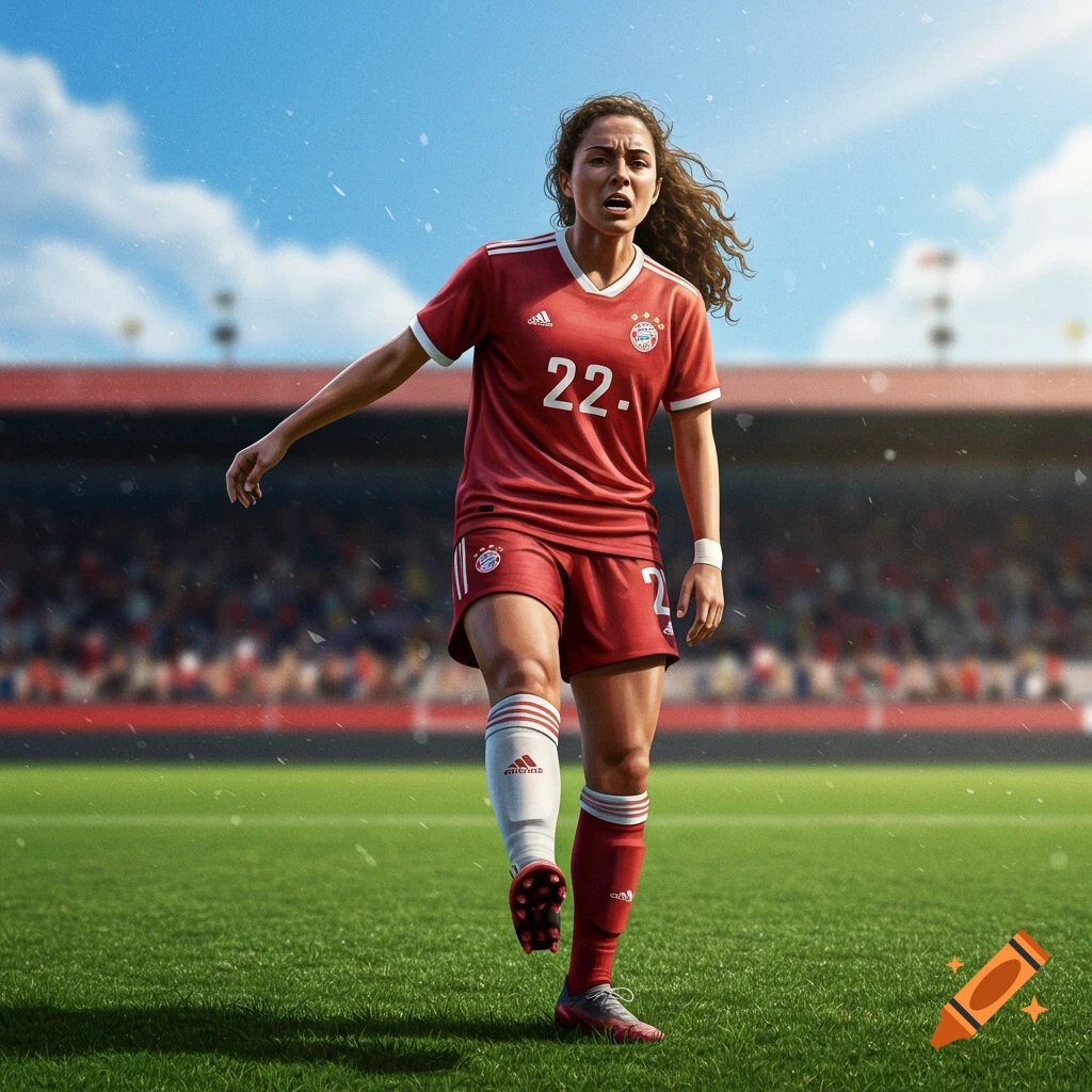 Photorealistic image of a female soccer player in a red jersey with number 22, standing on a green field in a stadium.