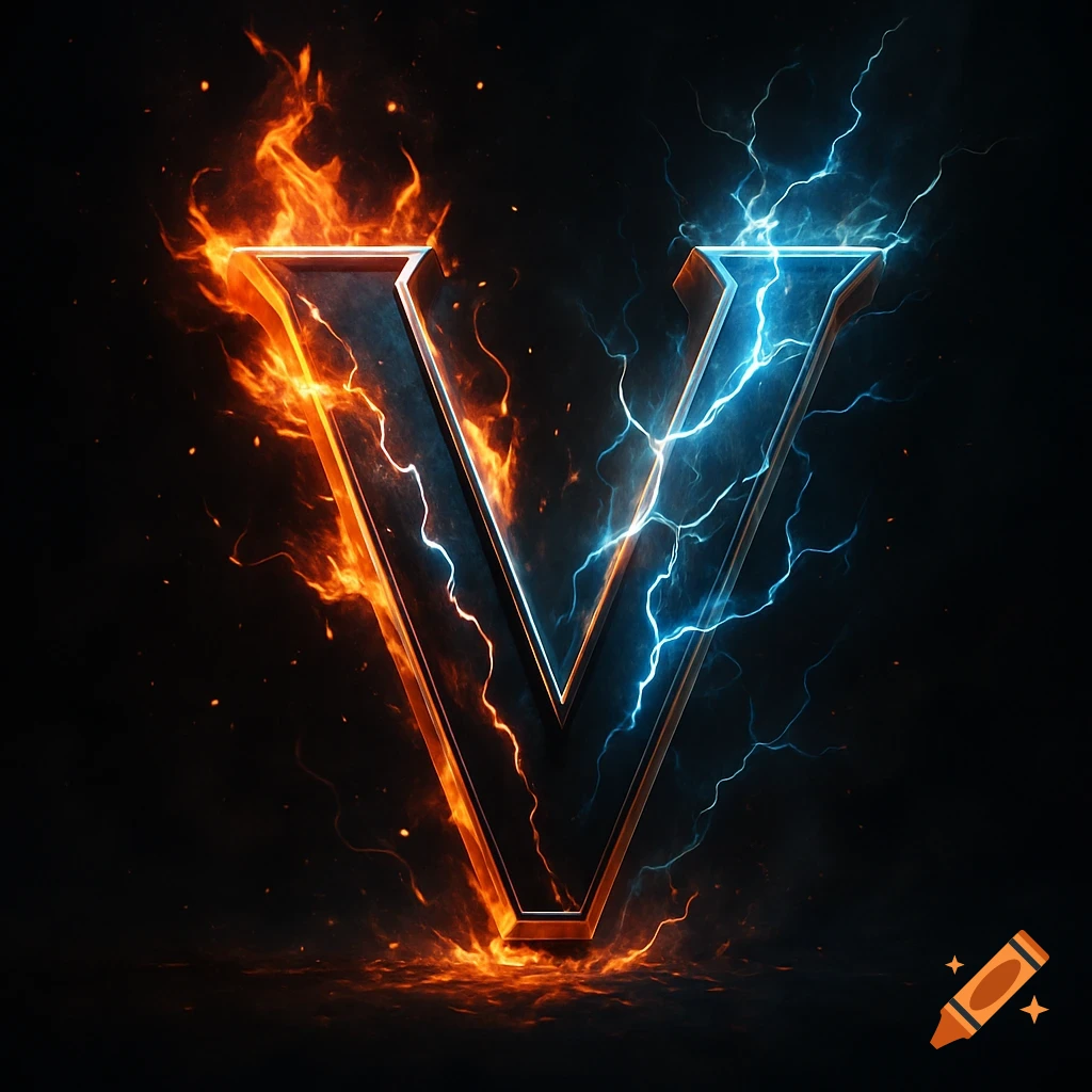 A stylized letter V, with the left side engulfed in orange fire and the right side surrounded by blue lightning bolts against a dark background.