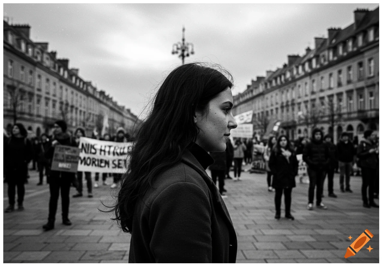 Black and white photo of a woman in profile at a protest on a city street.