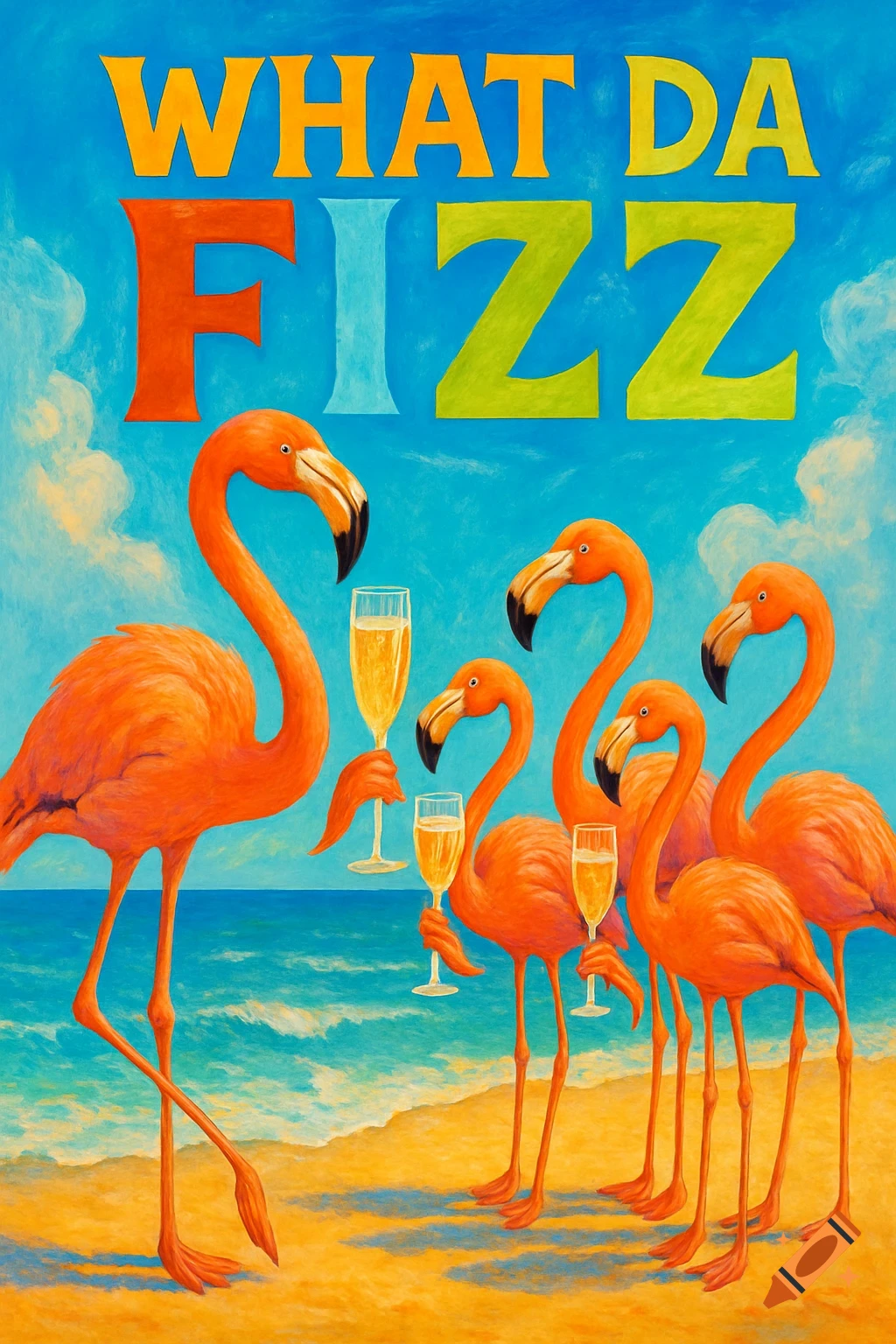 A vibrant, pop art style painting of several flamingos on a beach, some holding champagne glasses. The text "WHAT DA FIZZ" is prominently displayed in colorful letters against a blue sky.