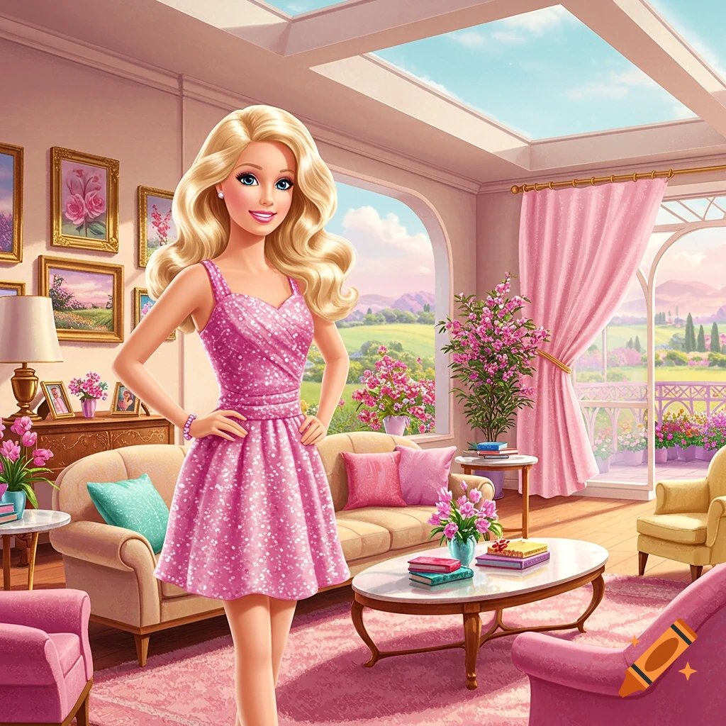An illustration of Barbie in a pink glittery dress, standing in her brightly lit dream house living room with pink decor and a scenic outdoor view.