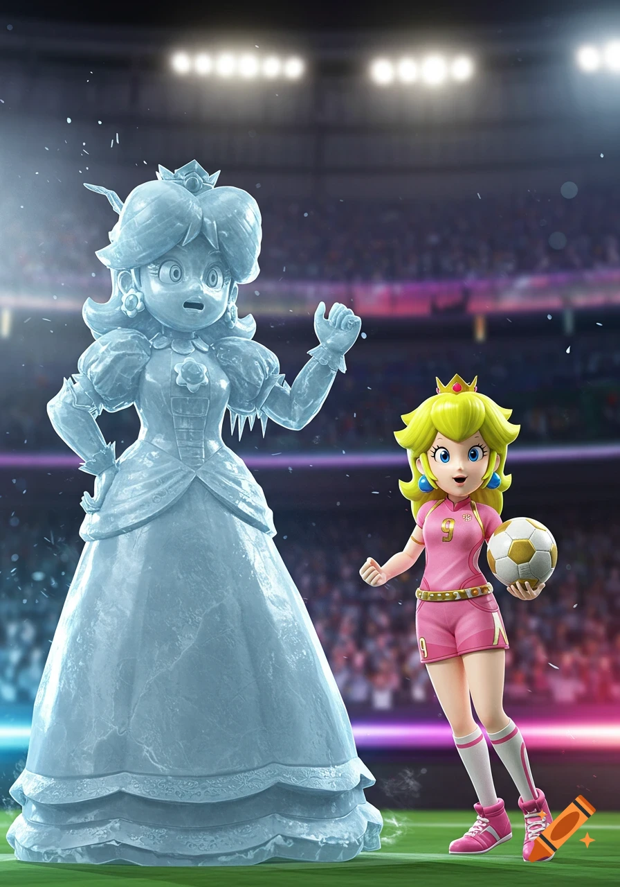 Princess Peach in a pink soccer uniform holding a ball, standing next to a surprised ice statue of Princess Daisy in a stadium.