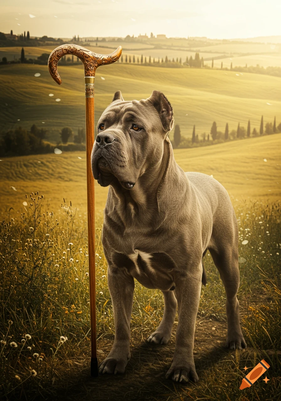 A majestic Italian Mastiff stands next to an ornate walking cane in a sunlit golden field with rolling hills in the background.