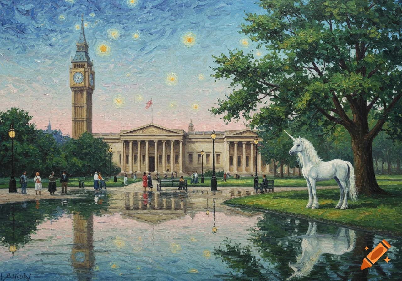 An oil painting of a white unicorn standing by a pond in a park, with Big Ben and a museum under a starry, swirled sky.