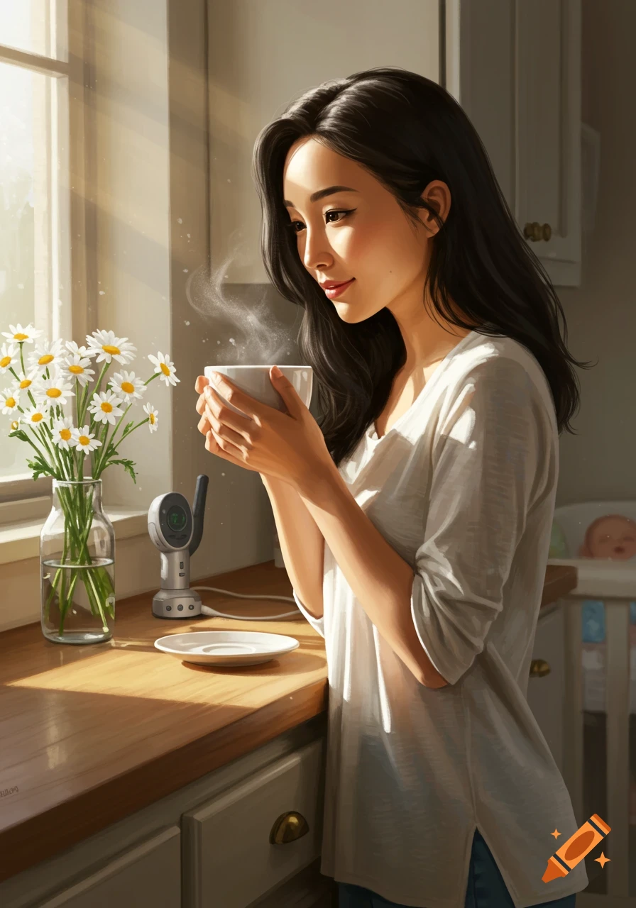 A stylized image of an Asian woman holding a steaming coffee cup in a sunlit kitchen with daisies and a baby monitor on the counter, a baby visible in the background.