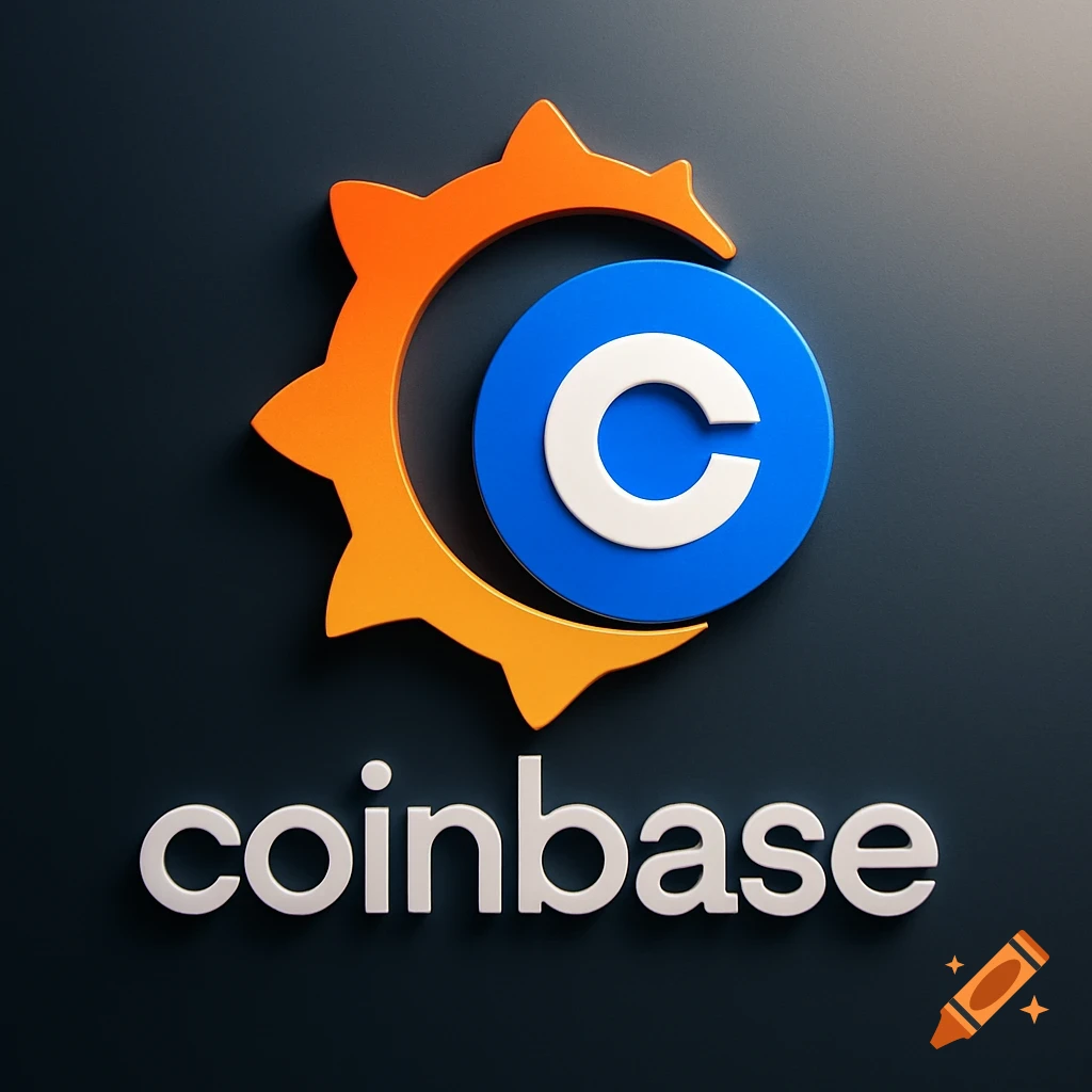 A 3D render of a logo combining an orange gear shape with a blue circle containing a white 'C', and the word 'coinbase' below it.