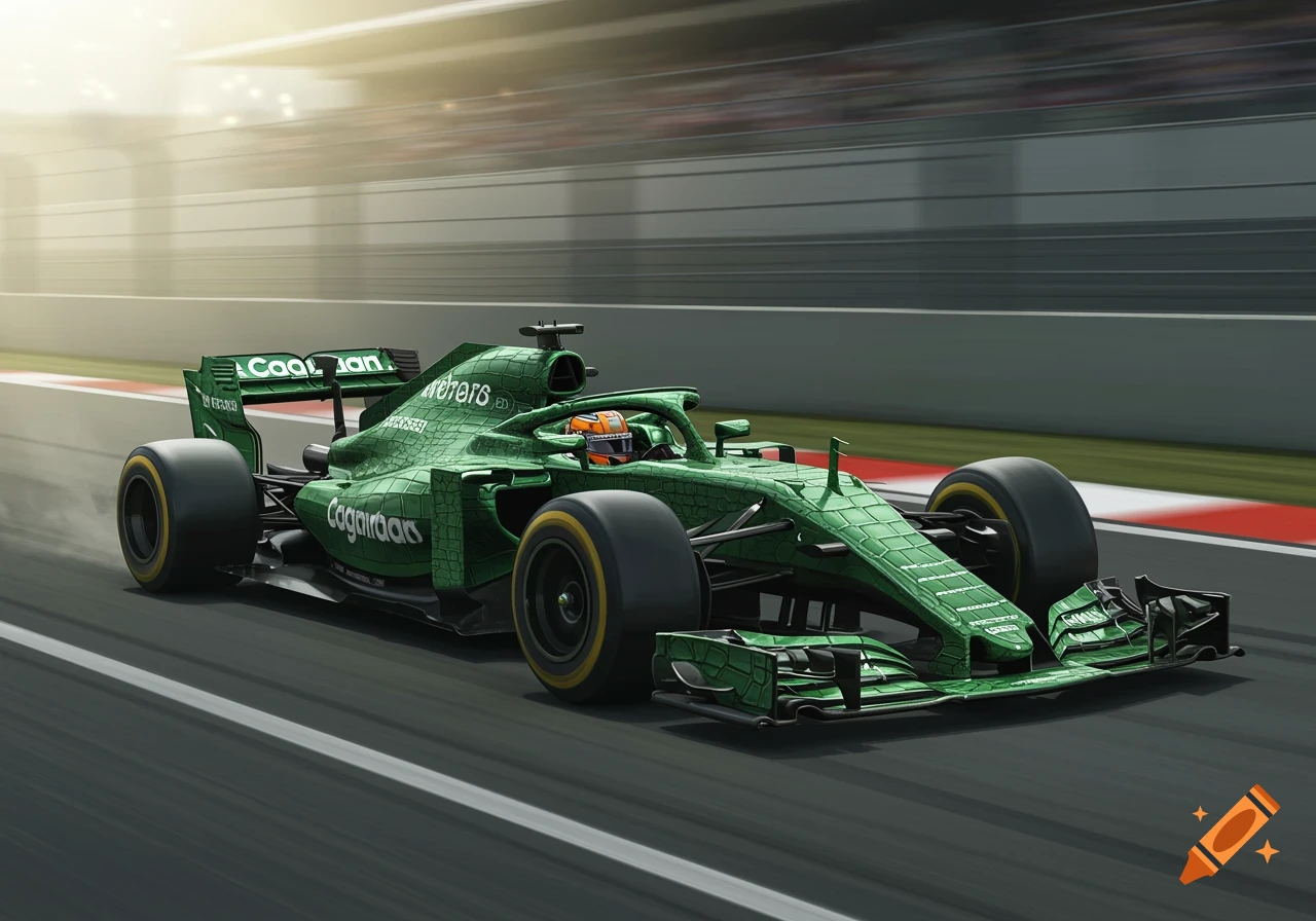 A vibrant green Formula 1 race car with a unique crocodile skin texture livery speeds down a race track.