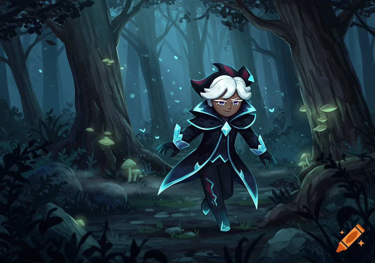 A stylized character with white hair and glowing black and blue attire walks through a dark, magical forest with glowing mushrooms and butterflies.