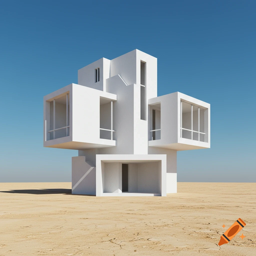 A stark white, abstract modernist house with geometric forms and sharp angles, set on a barren sandy landscape under a clear blue sky.