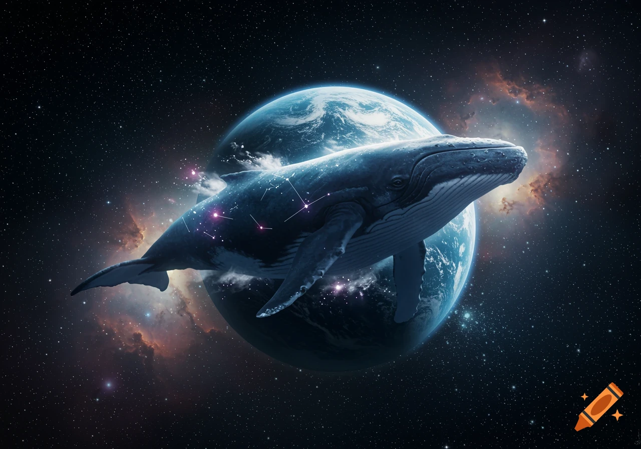 A large blue whale with glowing constellations on its back floats in deep space in front of an Earth-like planet and colorful nebulae.