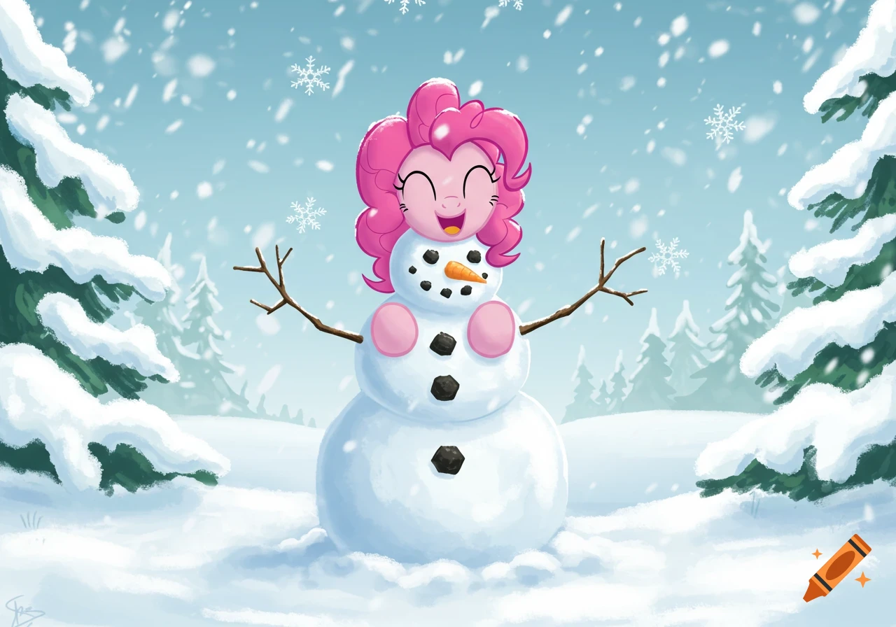 Pinkie Pie's head on a snowman, smiling in a snowy forest with falling snowflakes.