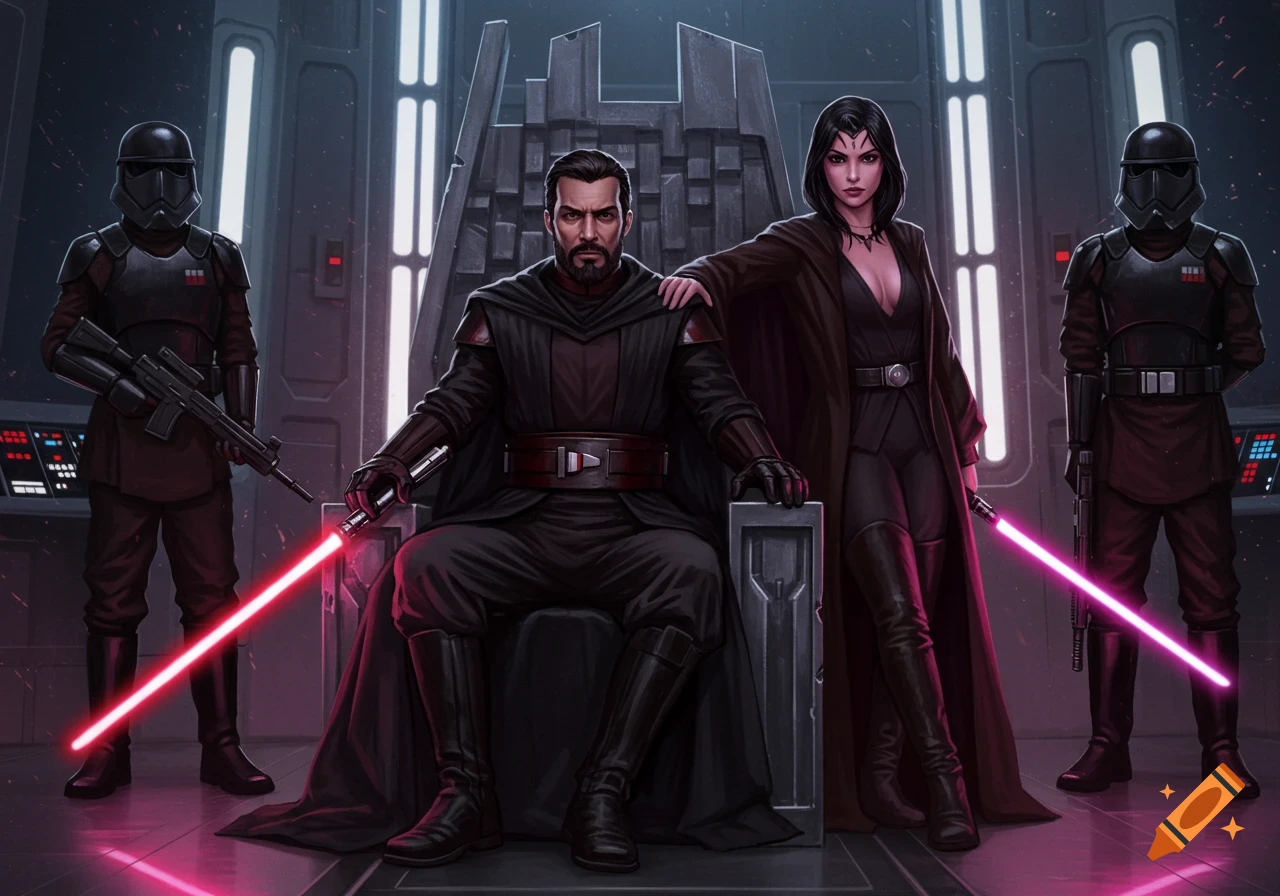 A dark-haired man in Sith armor sits on a throne with a red lightsaber, a woman with a purple lightsaber beside him, flanked by imperial guards on a spaceship.