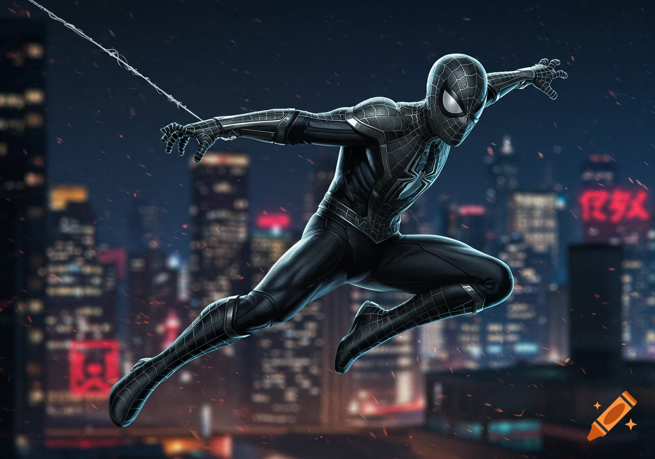 Spider-Man in a black and silver suit swings through a dark city against a blurred skyline with red lights.