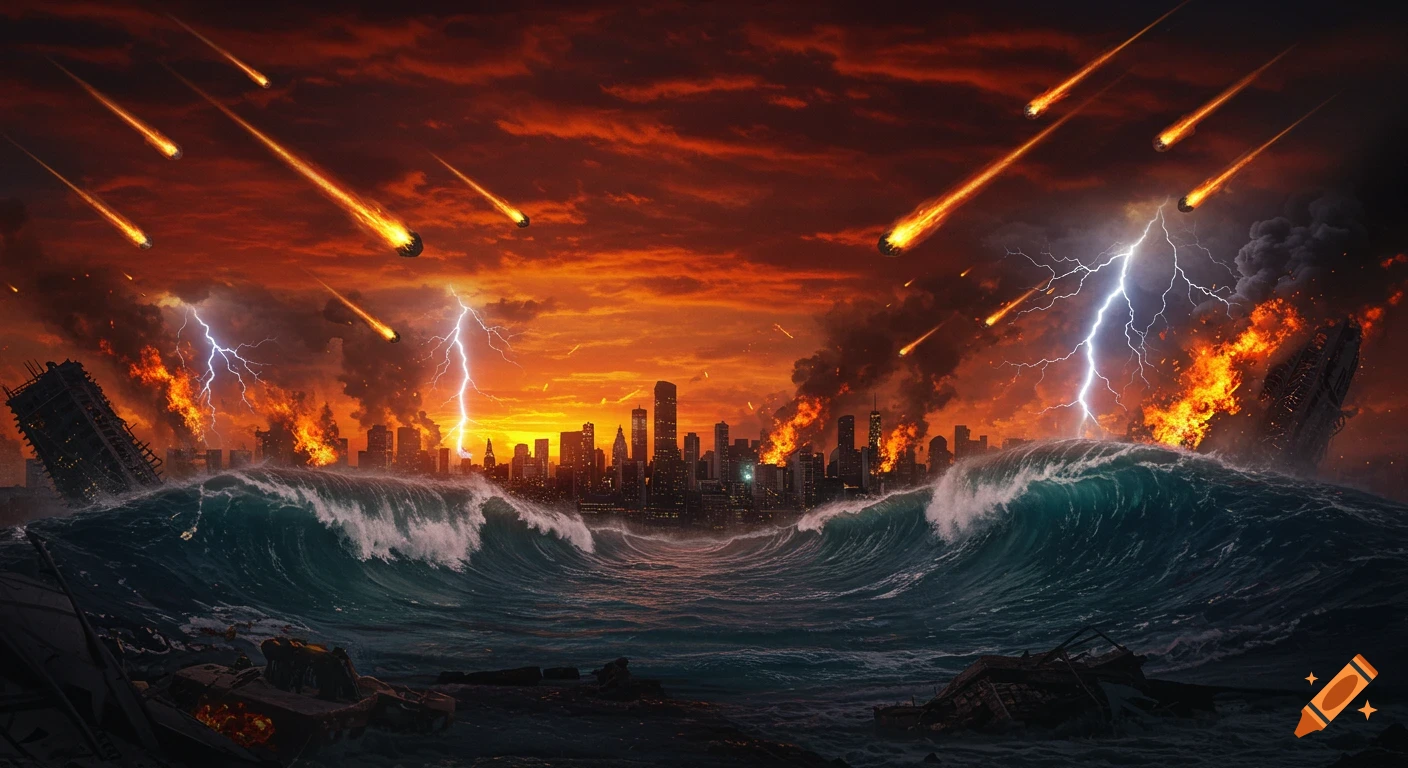 A city engulfed in an apocalyptic disaster with meteors falling, huge tsunamis crashing, buildings burning, and lightning striking under a dark orange sky.