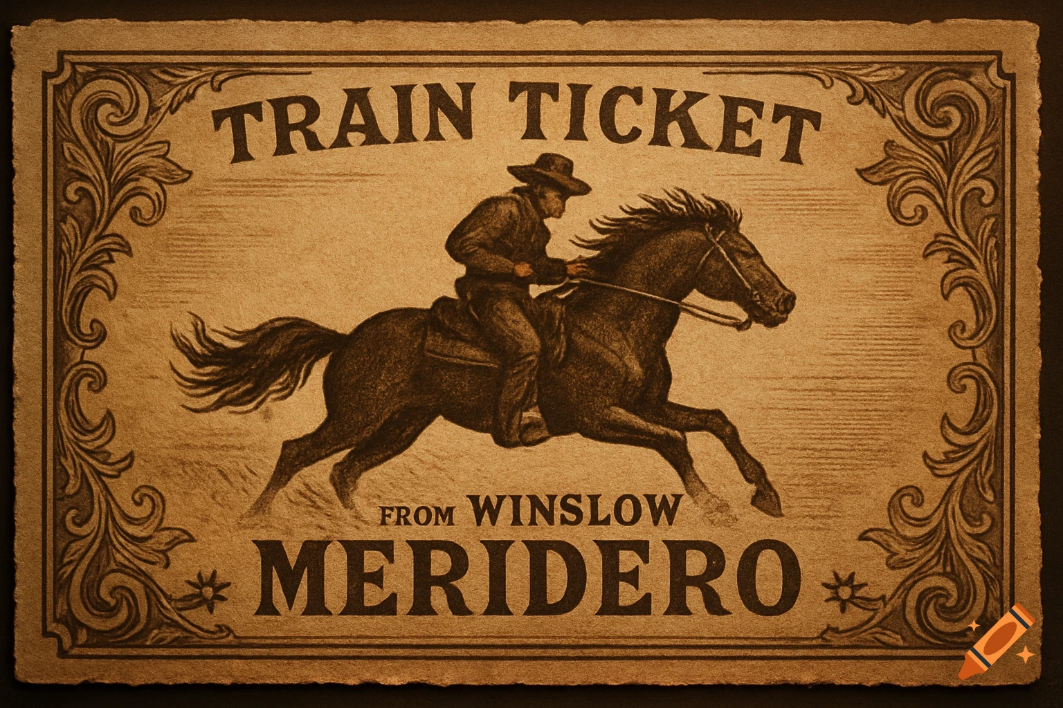 Vintage western train ticket illustration featuring a cowboy riding a horse, with text 'Train Ticket', 'From Winslow', 'Meridero'.