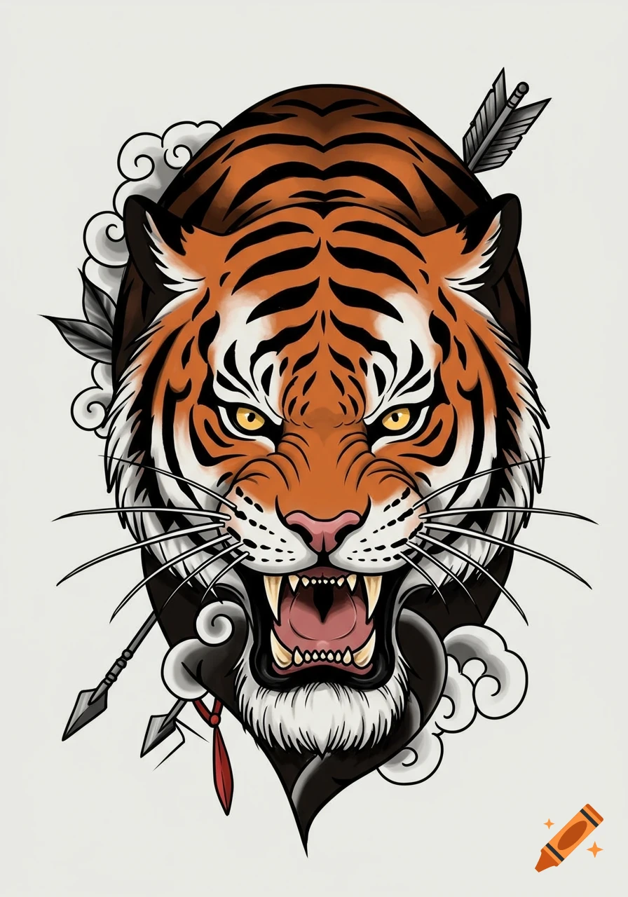 A stylized, aggressive tiger head with an arrow, rendered in a traditional tattoo style.