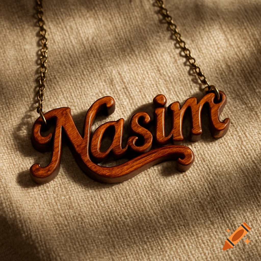 A wooden necklace spelling 'Nasim' rests on a textured beige fabric surface.