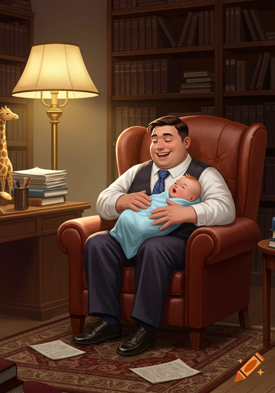 An illustrated man happily holds a baby in a cozy library, surrounded by bookshelves and warm light.