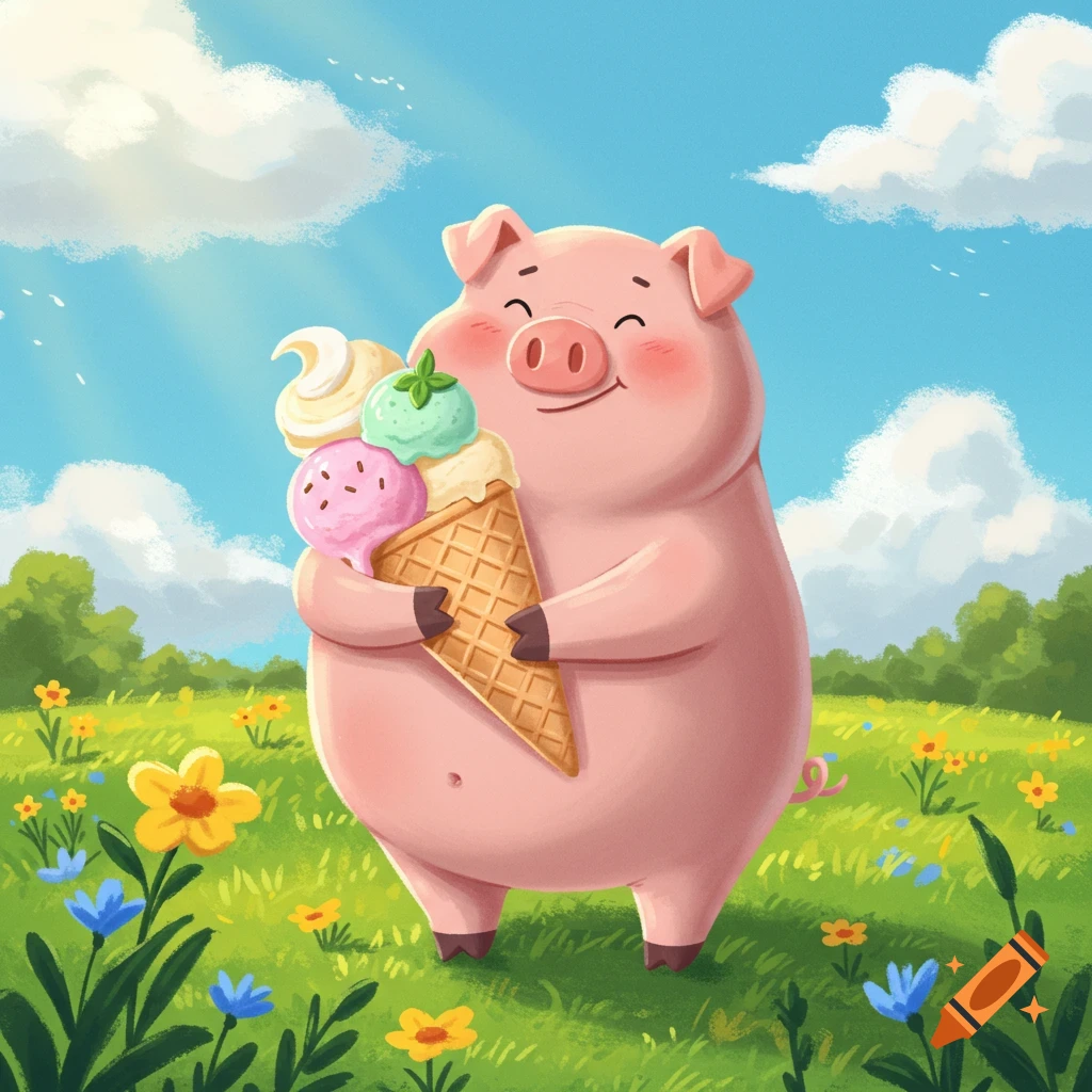 A cute cartoon pink pig holds a large ice cream cone in a sunny, flower-filled meadow.
