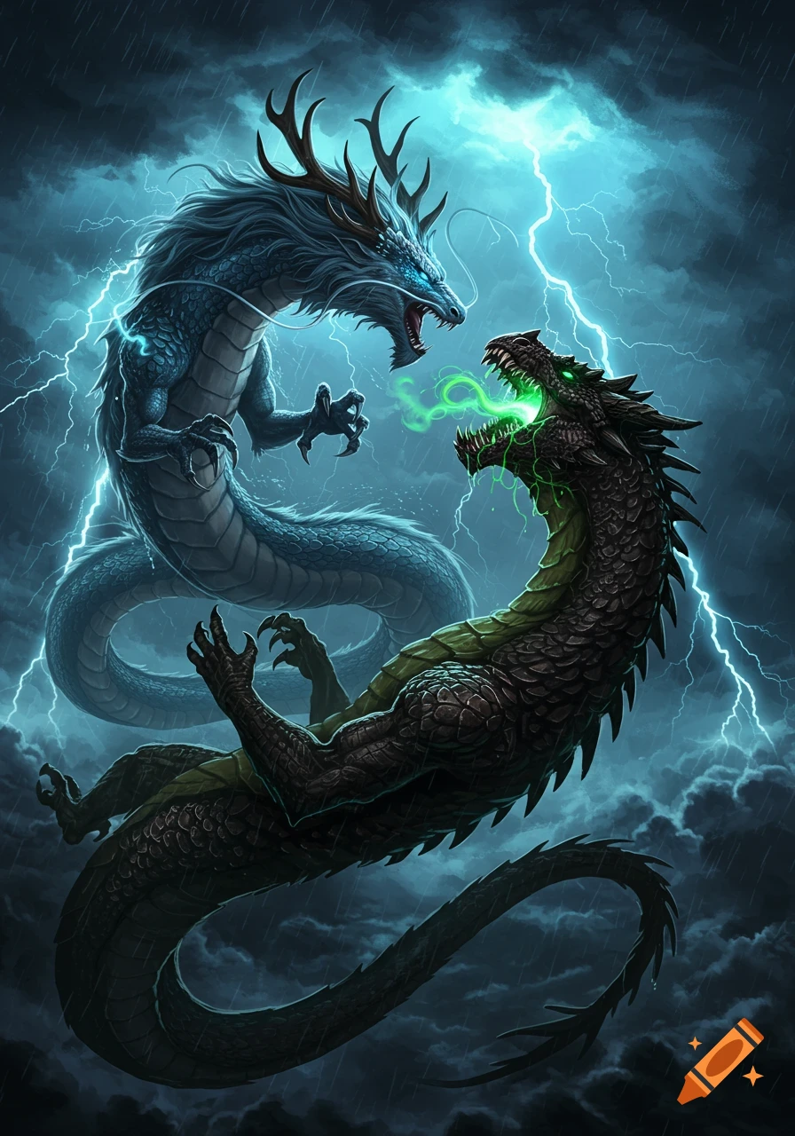 A blue Eastern dragon and a black Western dragon with green poison breath fight amidst a stormy sky with lightning.