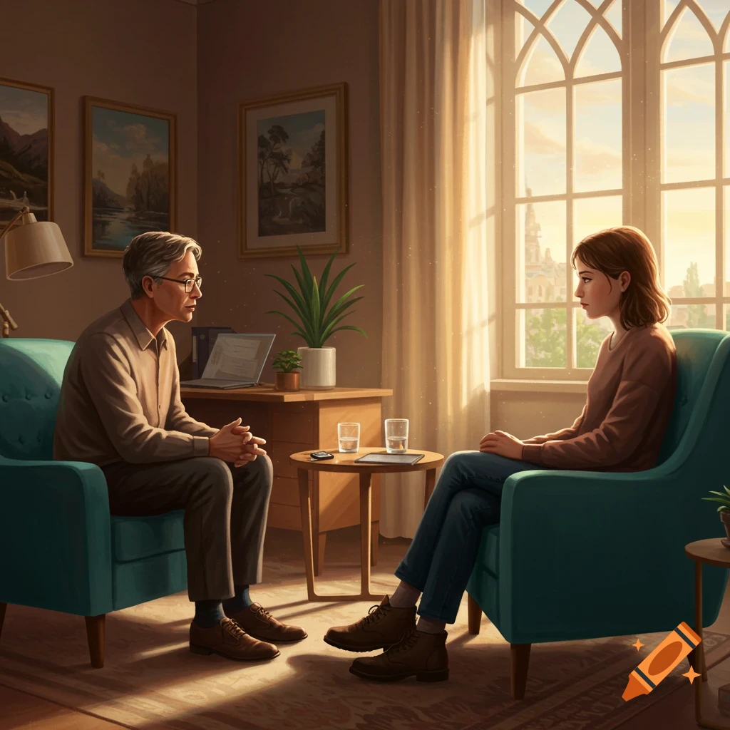 A man and woman sit in armchairs, facing each other in a sunlit room, like a therapy session.