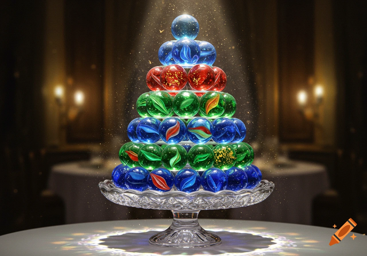 A vibrant pyramid of blue, green, and red glass marbles on a crystal cake stand, sparkling in a dimly lit room.